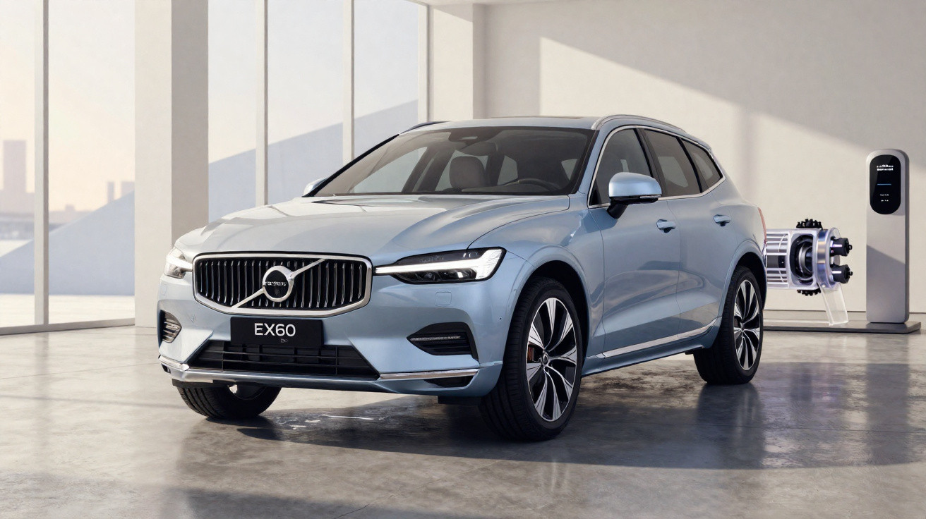 Carro elétrico SUV Volvo EX60 cinza estacionado em ambiente interno moderno com carregador elétrico ao fundo.