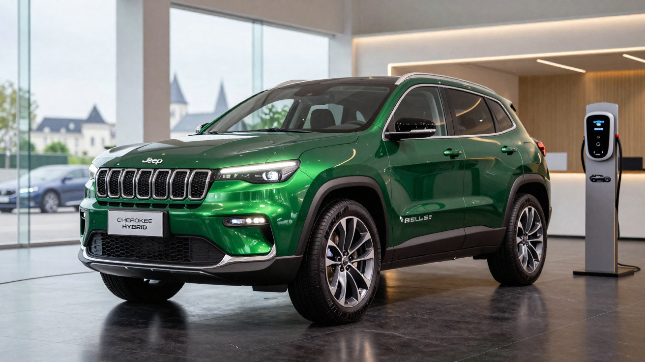 Carro Jeep Cherokee híbrido verde estacionado em showroom moderno com carregador elétrico ao lado.