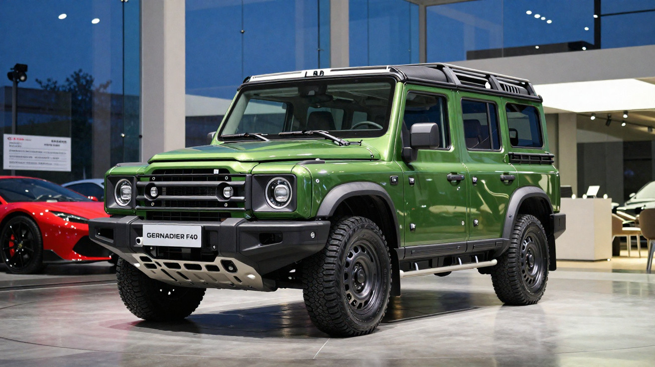 SUV verde militar Grenadier F40 estacionado em showroom moderno à noite.