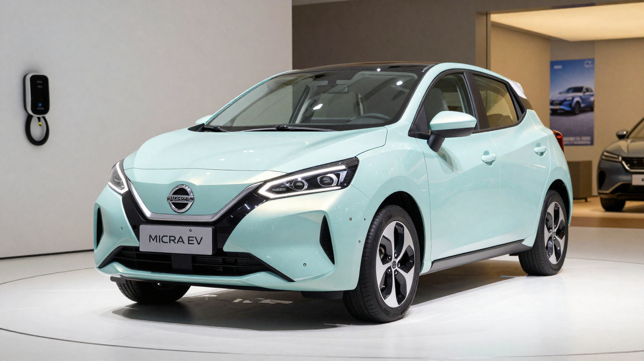 Carro elétrico Nissan Micra EV azul claro exibido em exposição interna, perto de estação de recarga.
