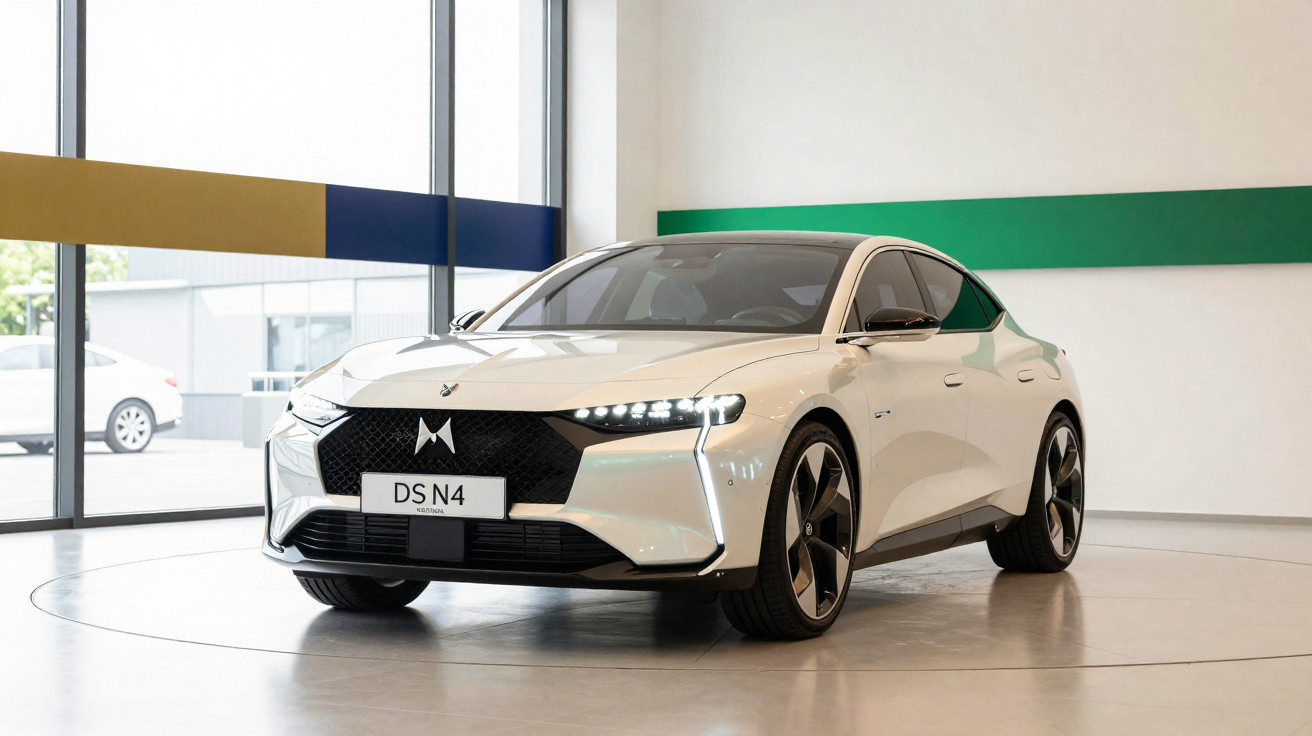 Carro elétrico branco DS Automobiles modelo DS N4 em exposição em ambiente moderno com janelas grandes.