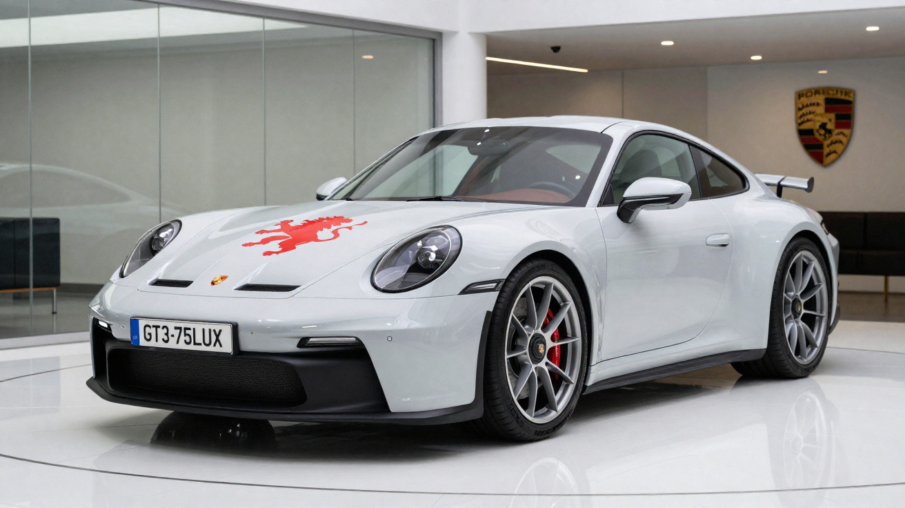 Carro esportivo Porsche branco com logo de leão vermelho no capô em showroom moderno.