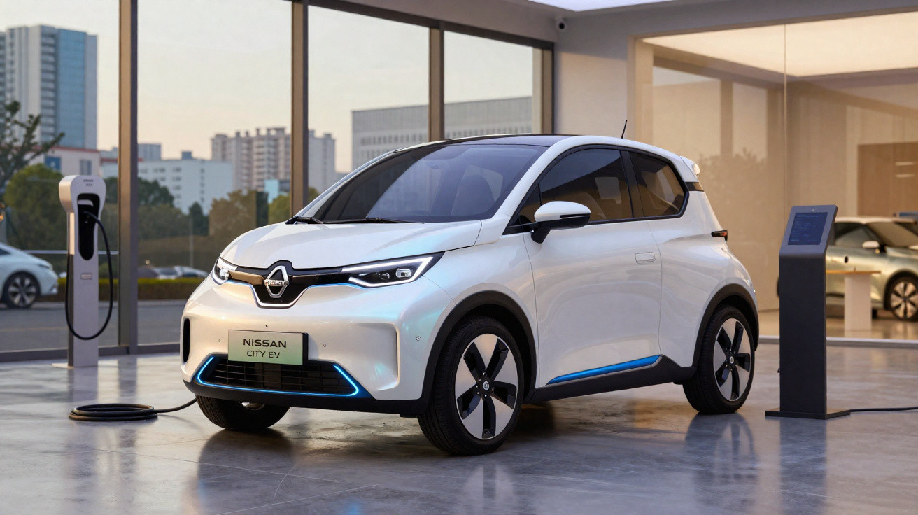 Carro elétrico branco Nissan City EV estacionado em showroom moderno com estações de recarga.