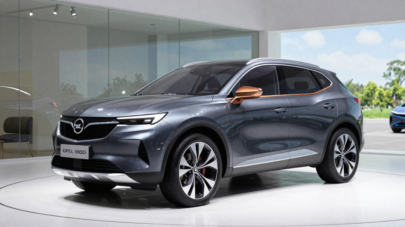 Carro SUV Opel 1800 cinza com retrovisores marrons exibido em salão de exposições moderno.