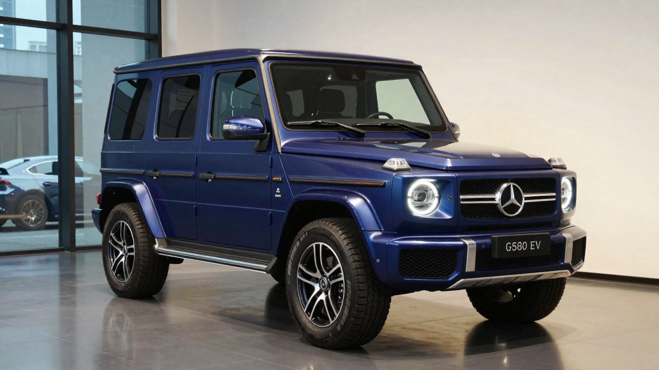 SUV Mercedes-Benz G580 EV azul escuro estacionado em ambiente interno moderno.