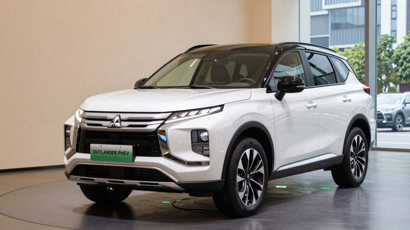 SUV branco Mitsubishi Outlander PHEV exposto em salão com teto preto e rodas esportivas.