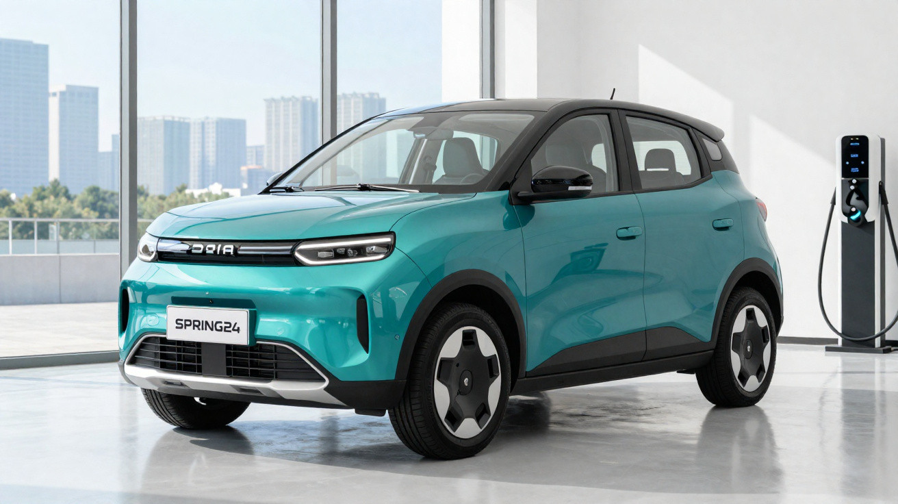 Carro elétrico SUV compacto azul estacionado em showroom ao lado de carregador.