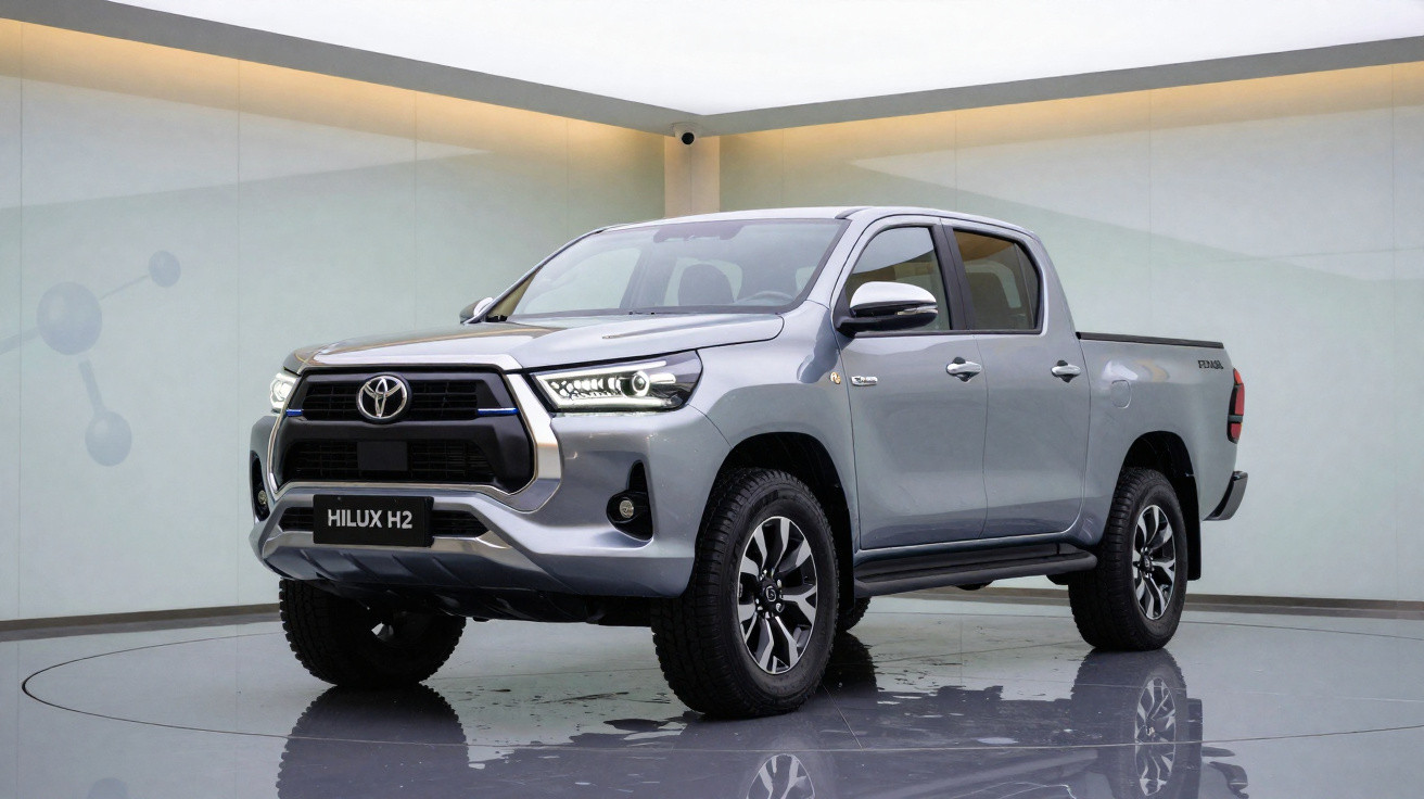 Picape Toyota Hilux H2 prata em estúdio com piso reflexivo e fundo claro.
