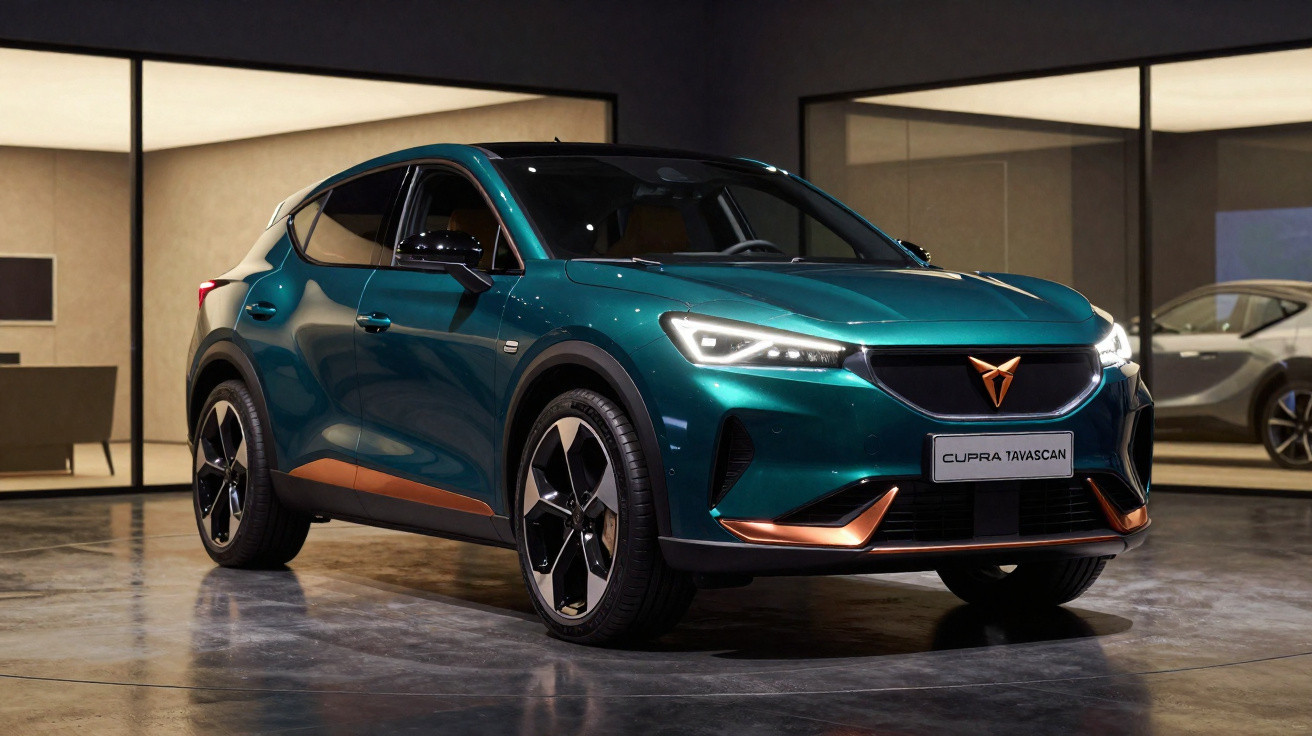 Carro elétrico Cupra Tavascan verde metálico estacionado em ambiente moderno com luzes acesas.