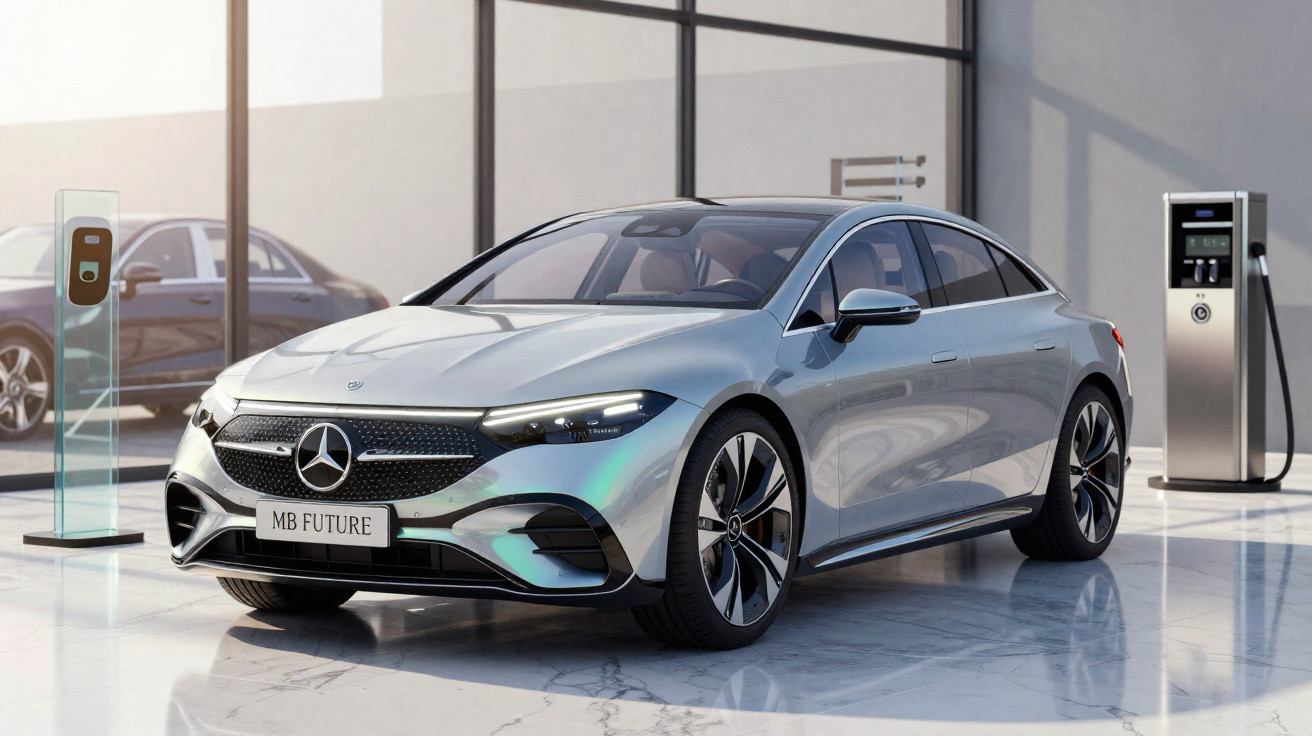 Carro elétrico Mercedes-Benz prata em showroom moderno, próximo a estações de carregamento.