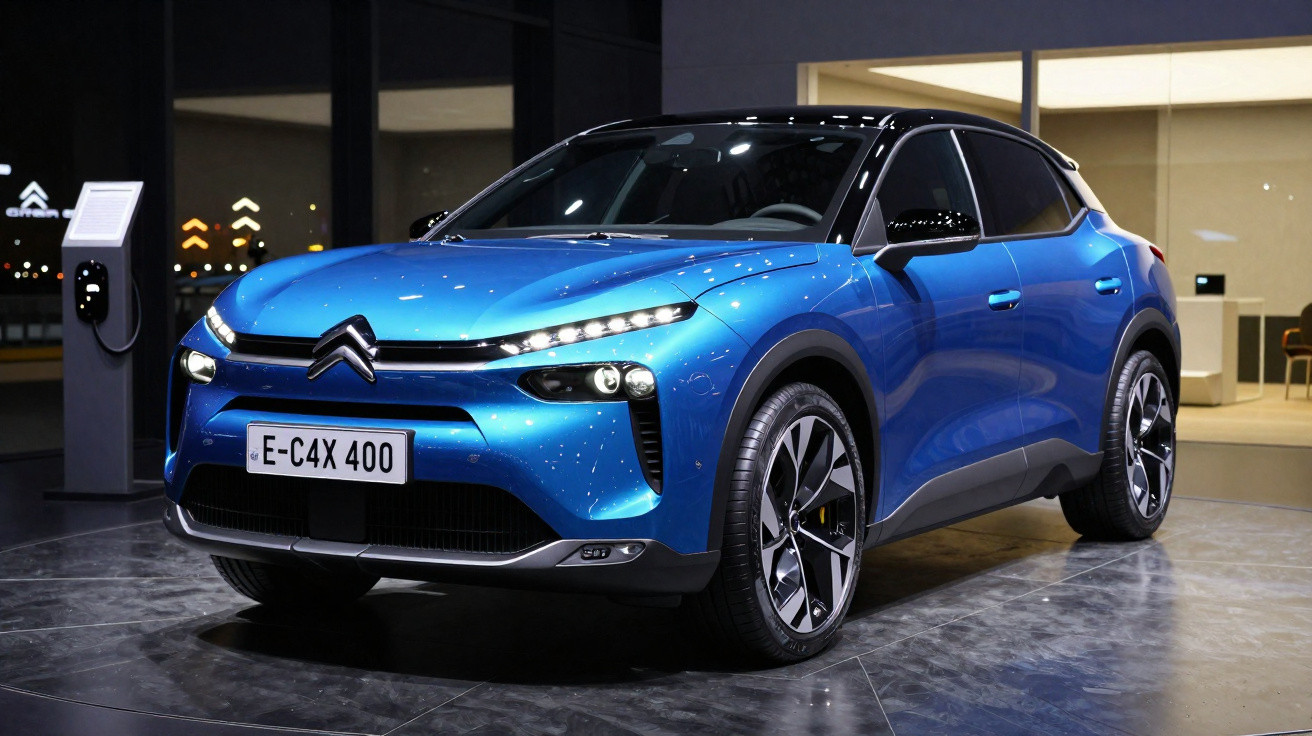 Carro elétrico SUV Citroën E-C4X 400 azul em showroom moderno com estação de recarga ao lado.