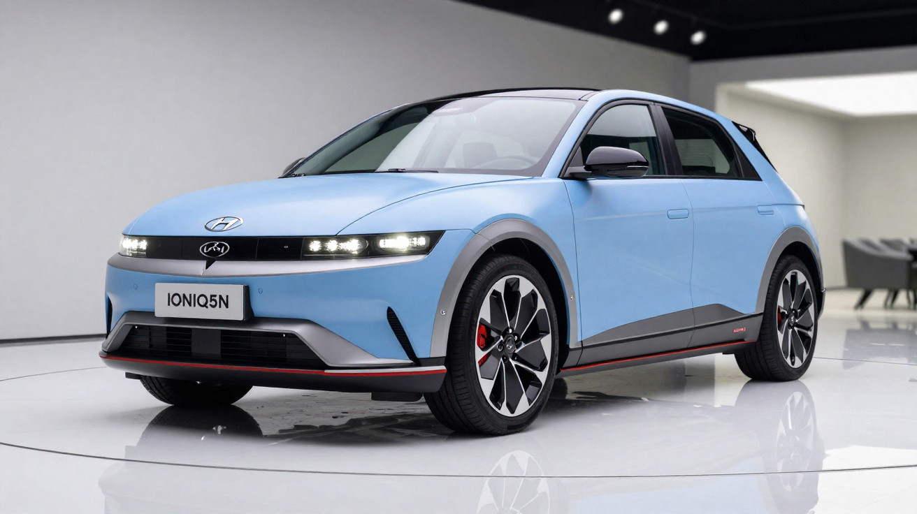 Carro elétrico Hyundai Ioniq 5N azul claro em exposição interna com piso branco brilhante.