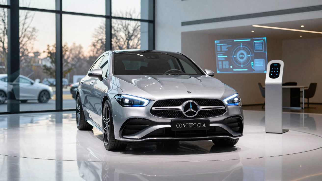 Carro prata Mercedes-Benz Concept CLA exposto em showroom moderno com vidro e iluminação natural.