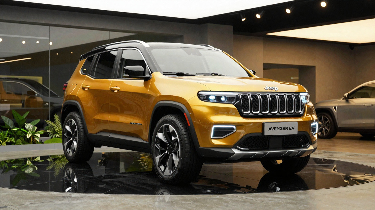 SUV elétrico Jeep Avenger EV dourado exposto em showroom moderno com piso preto espelhado.