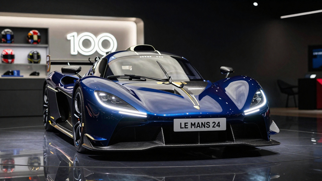 Carro esportivo azul metálico com placa "LE MANS 24" exibido em salão com iluminação moderna.