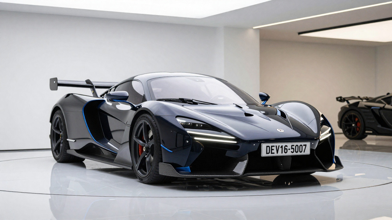 Carro esportivo preto com detalhes azuis e aerofólio, exibido em showroom moderno e iluminado.