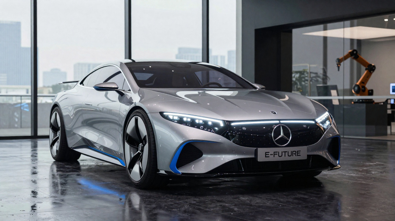 Carro elétrico prata Mercedes-Benz E-Future em showroom moderno com grandes janelas e piso refletivo.