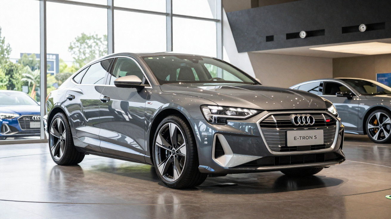 Audi e-tron S cinza em exposição em showroom moderno e iluminado.