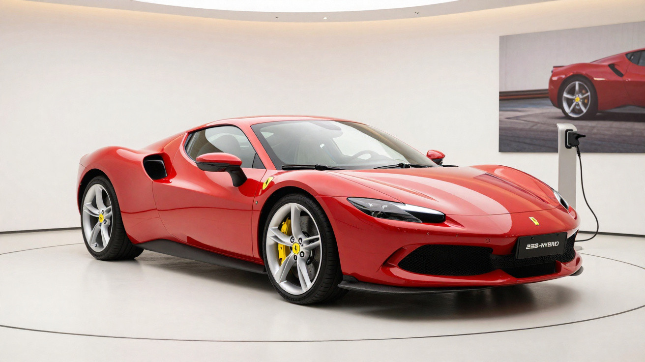 Carro esportivo vermelho Ferrari 296 Hybrid exposto em ambiente branco com estação de carregamento elétrica.