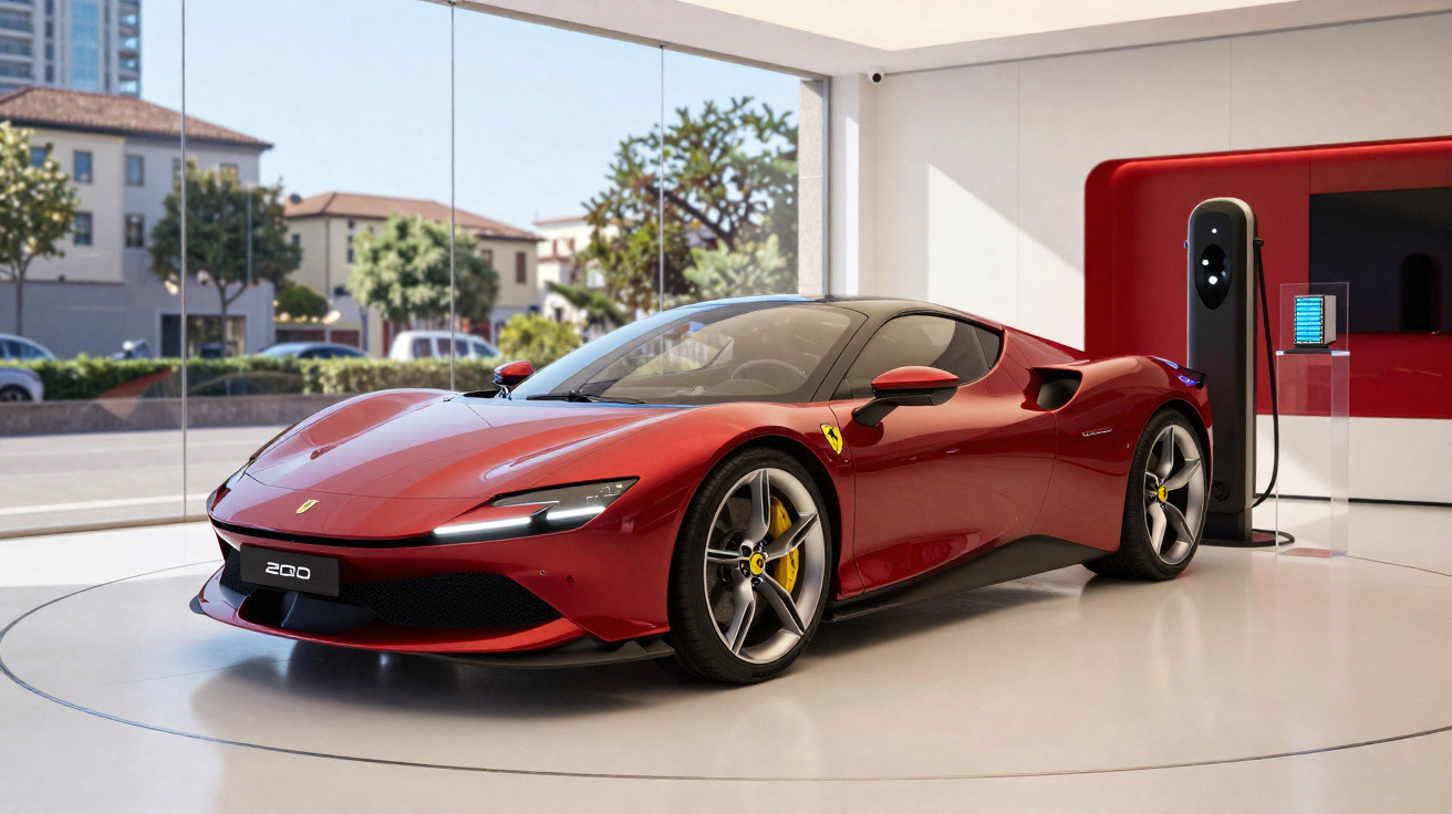 Carro esportivo vermelho Ferrari 296 GTB estacionado em showroom moderno com carregador elétrico ao fundo.