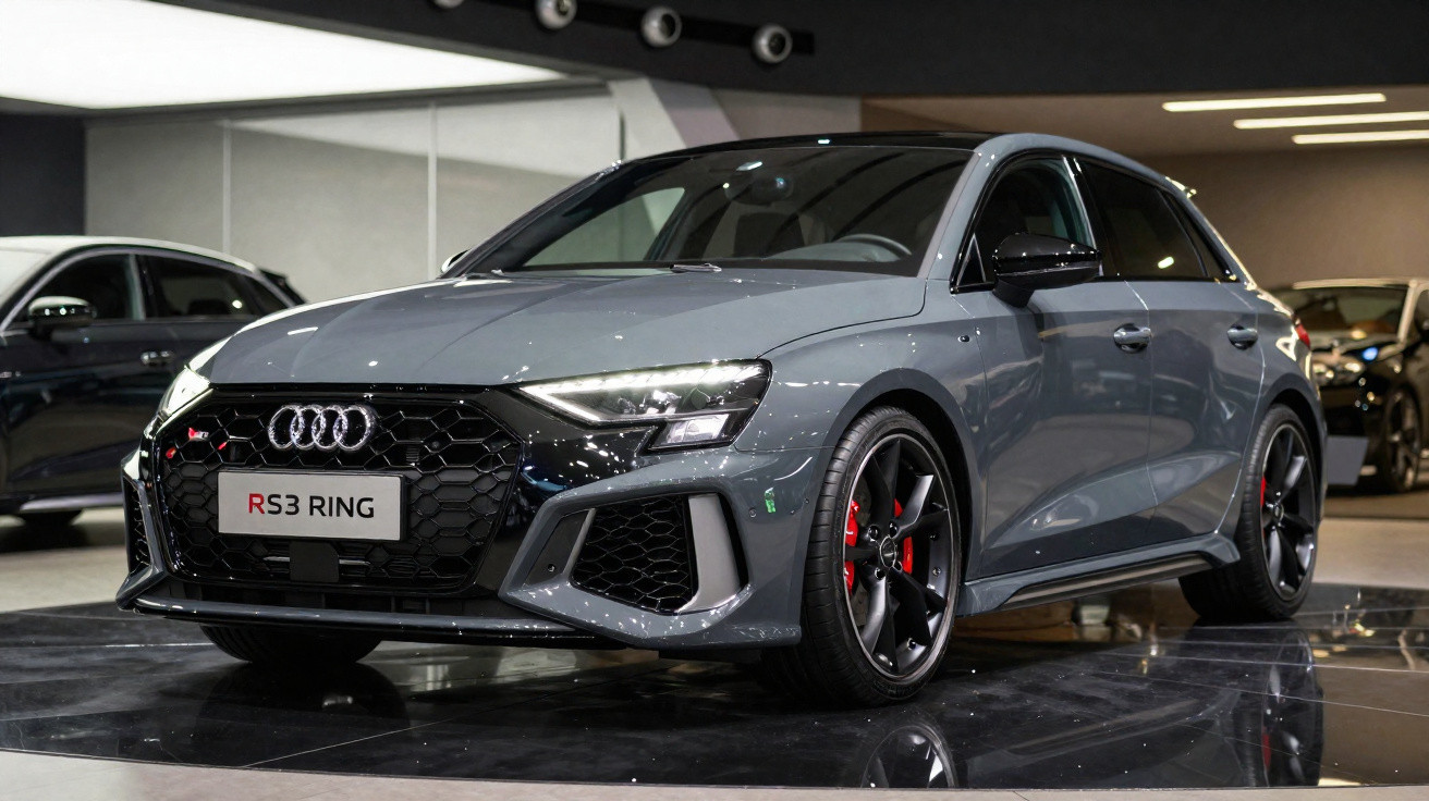 Carro Audi RS3 Ring cinza exibido em showroom, vista frontal e lateral direita.