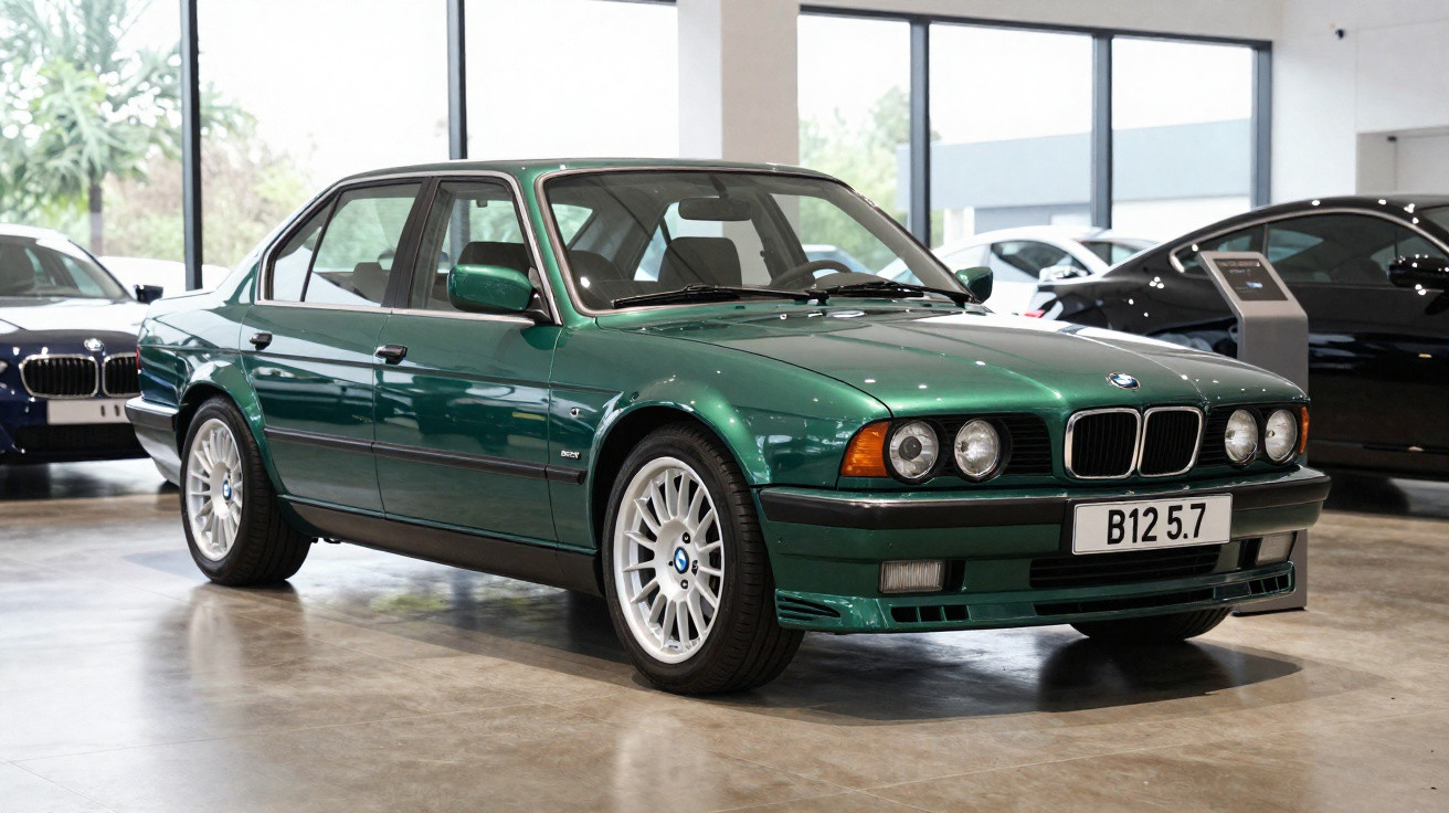 Carro BMW clássico verde escuro estacionado em showroom moderno com piso de cimento polido.