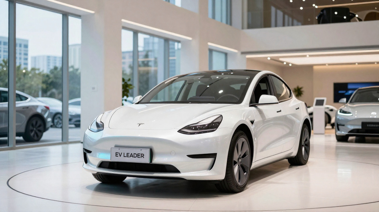 Carro elétrico branco Tesla Model 3 exibido em showroom moderno com piso branco e grandes janelas.