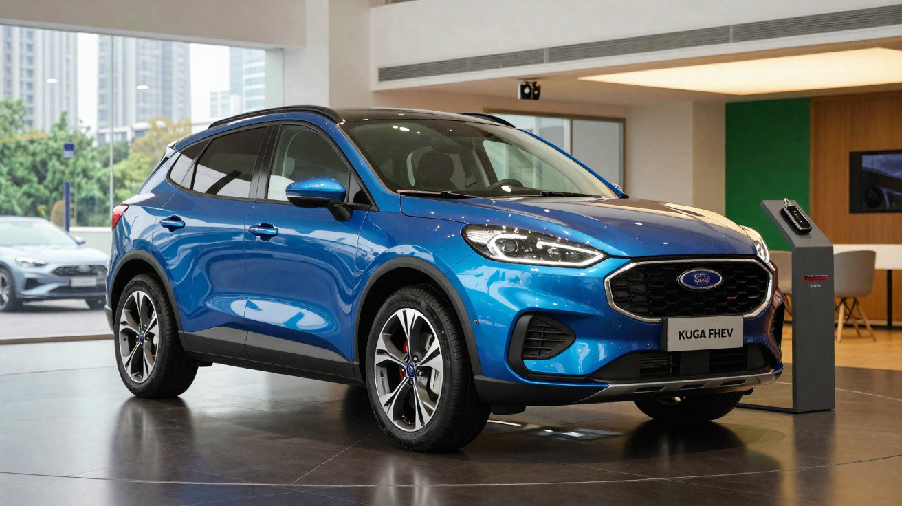 SUV azul Ford Kuga FHEV exposto em showroom moderno com piso escuro e paredes claras.
