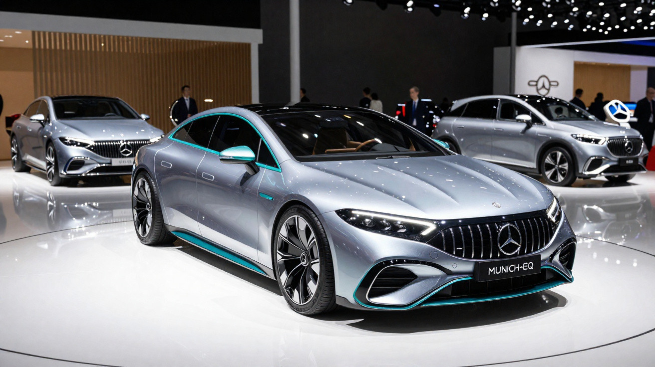 Carros elétricos Mercedes-Benz expostos em salão, destaque para modelo prata com detalhes em azul e rodas esportivas.