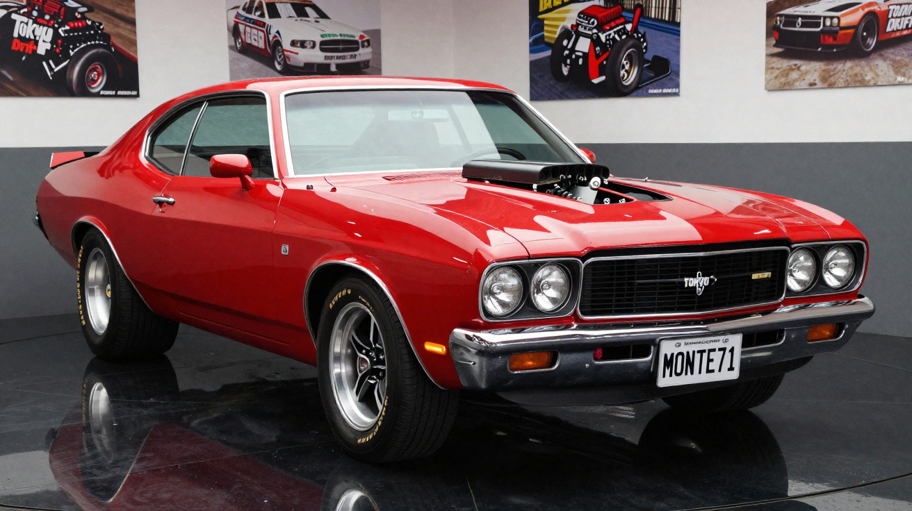 Carro esportivo vermelho clássico, modelo Montecarlo 1971, exposto em museu com quadros automotivos ao fundo.