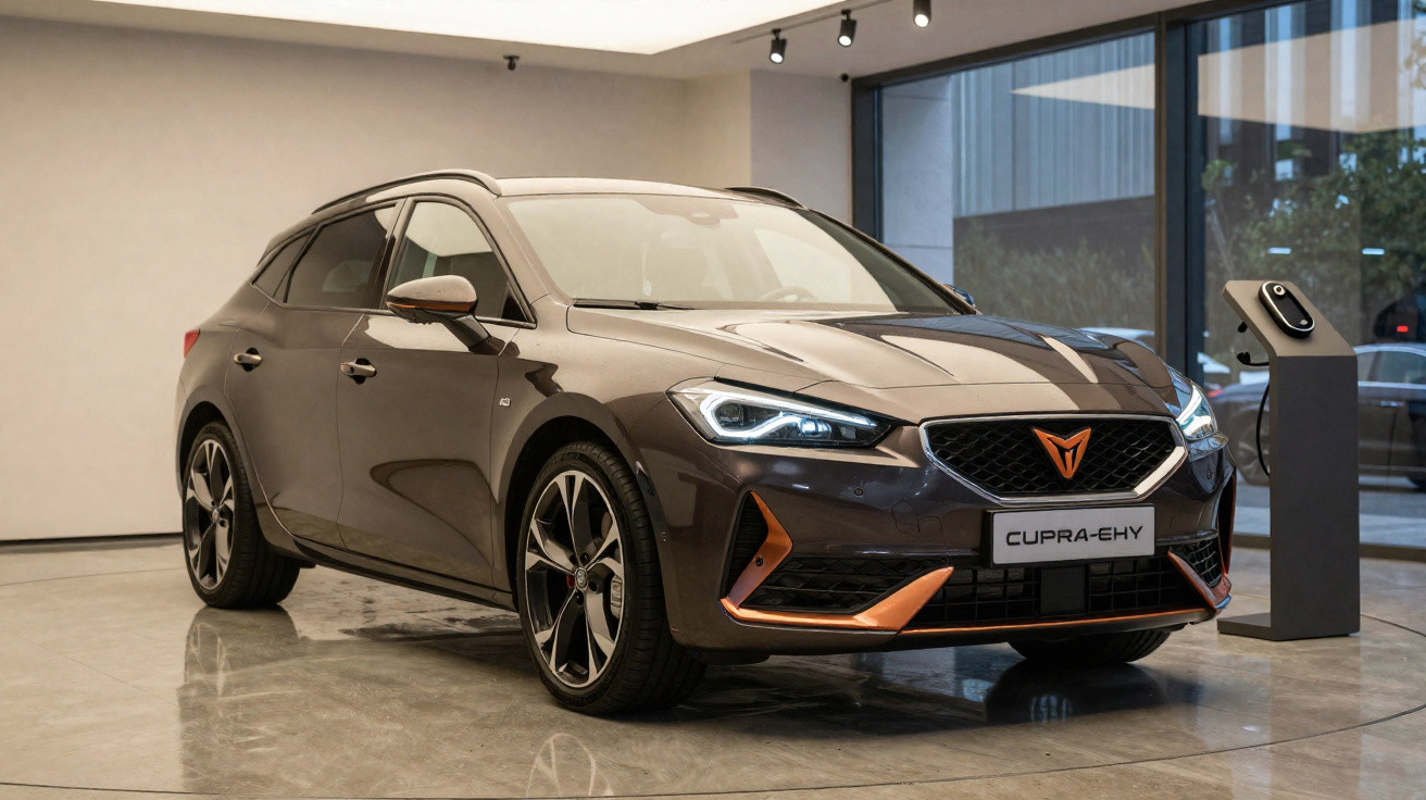 Carro Cupra e-HY cinza escuro exibido em showroom moderno com luz natural e carregador ao fundo.