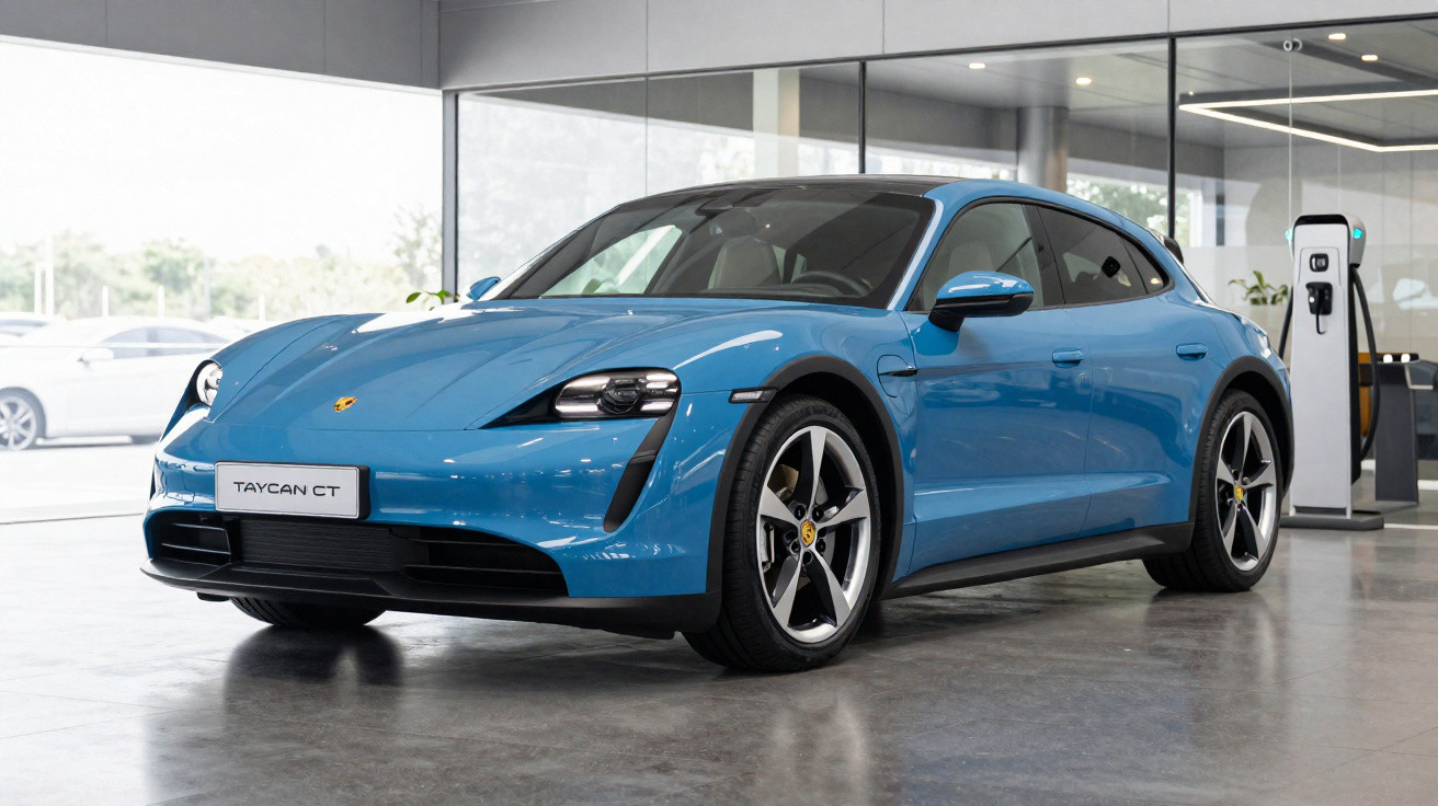 Carro elétrico esportivo Porsche Taycan CT azul em exposição dentro de showroom moderno.