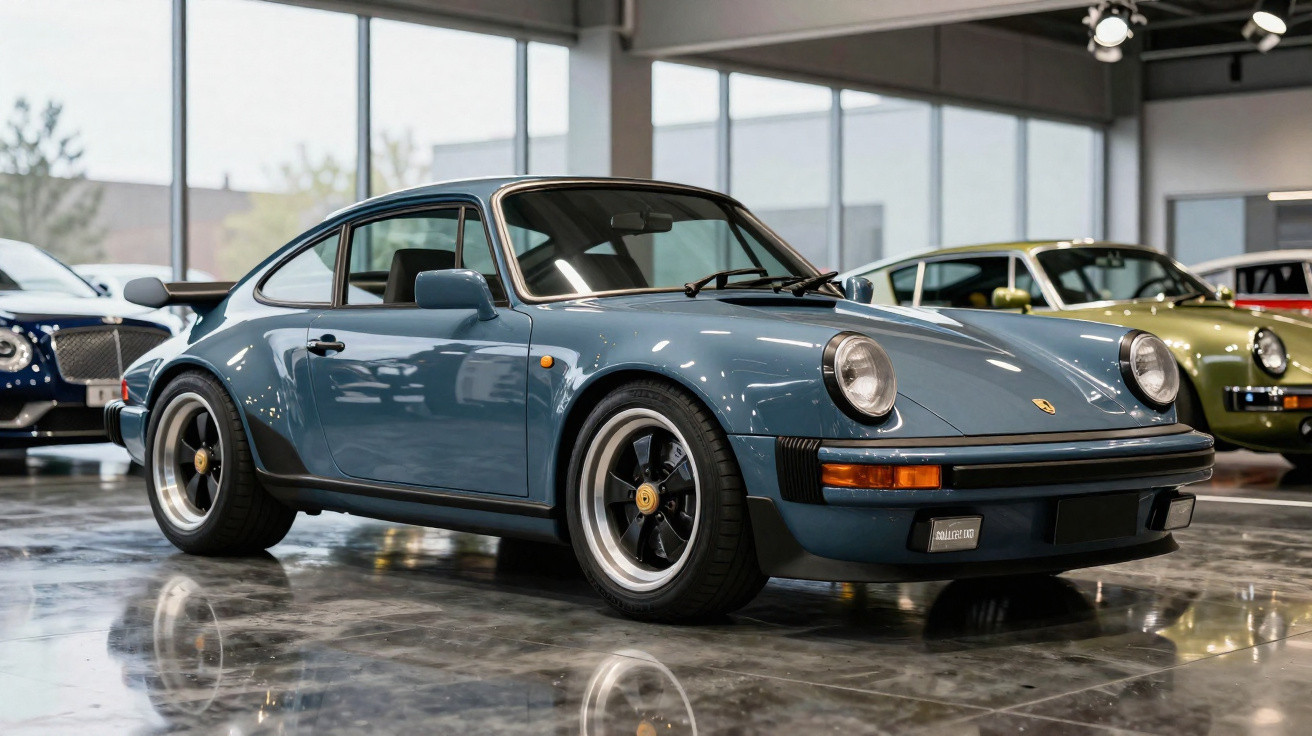 Carro esportivo Porsche clássico azul estacionado em showroom iluminado, piso brilhante e outros carros ao fundo.