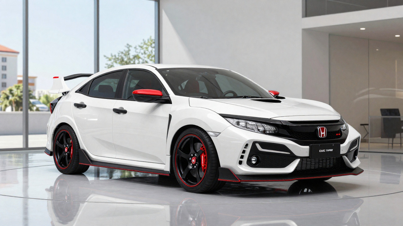 Carro esportivo Honda Civic Type R branco com detalhes vermelhos em ambiente interno moderno.