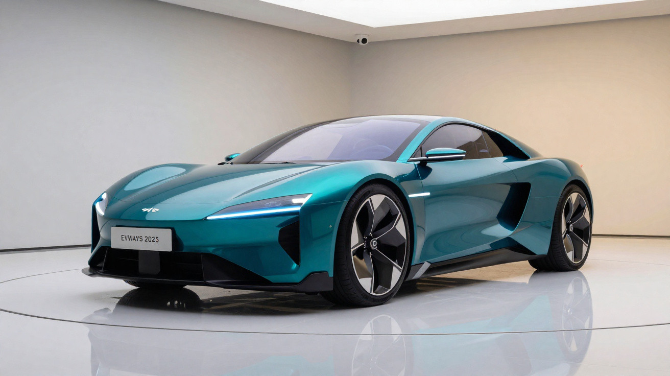 Carro esportivo elétrico verde metálico EVWAYS 2025 exibido em ambiente interno moderno e minimalista.
