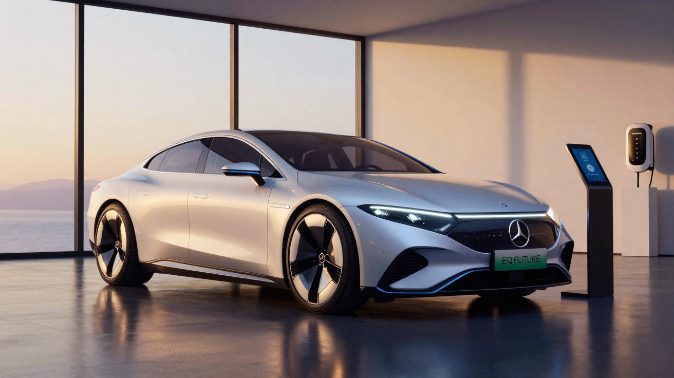 Carro elétrico Mercedes-Benz EQS prata estacionado em ambiente interno com estação de carregamento.