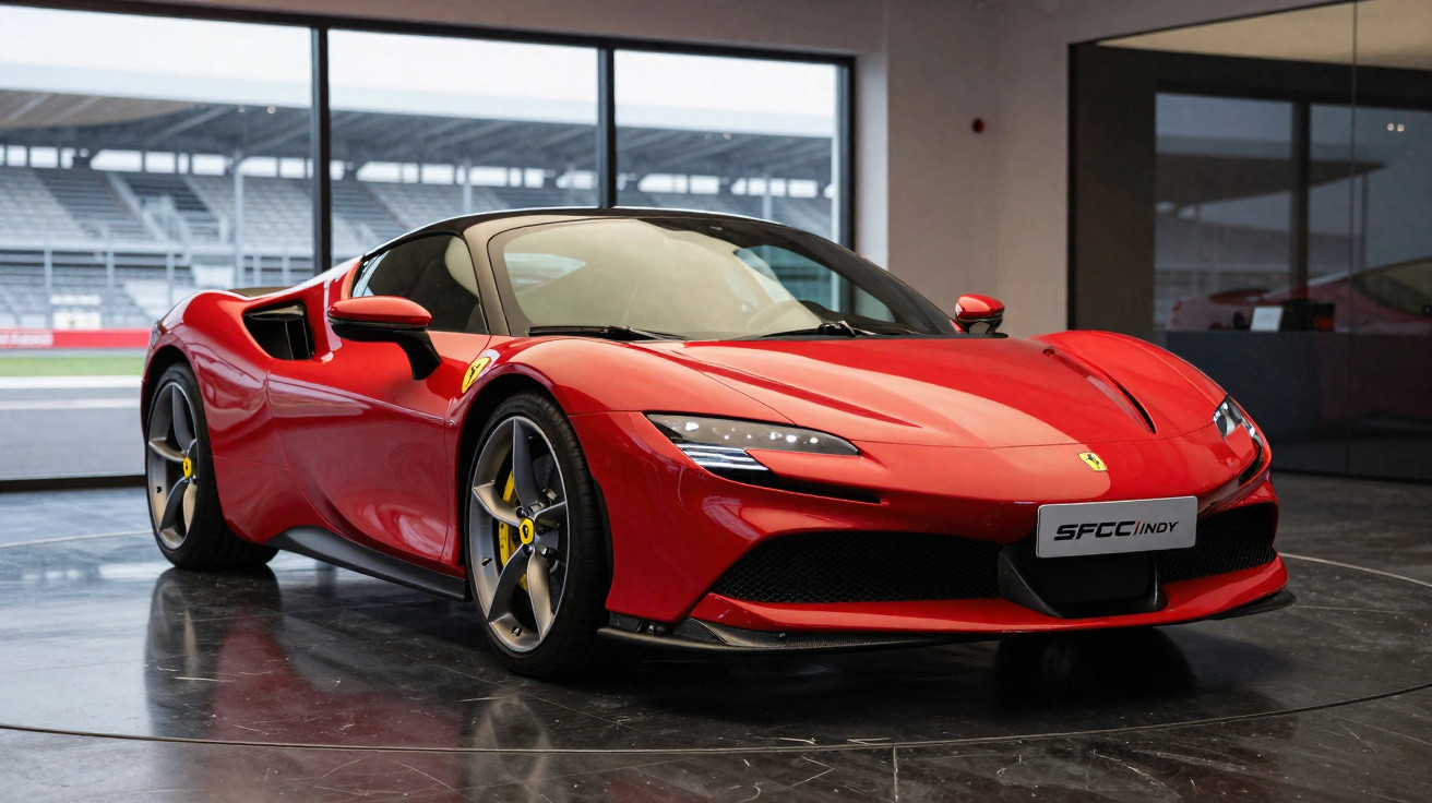 Carro esportivo conversível Ferrari vermelho estacionado em ambiente interno moderno com piso refletivo.
