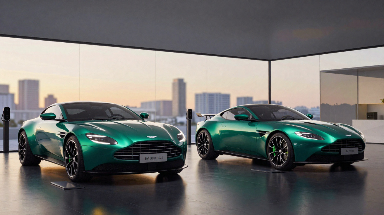 Dois carros esportivos verdes Aston Martin EV elétricos exibidos em ambiente moderno com vista urbana ao fundo.