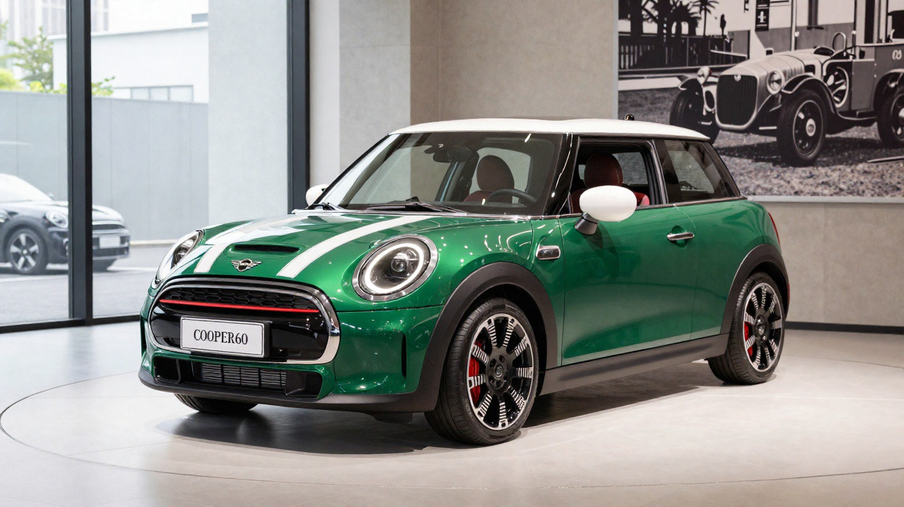 Carro Mini Cooper verde com faixas brancas exibido em salão de automóveis moderno e iluminado.