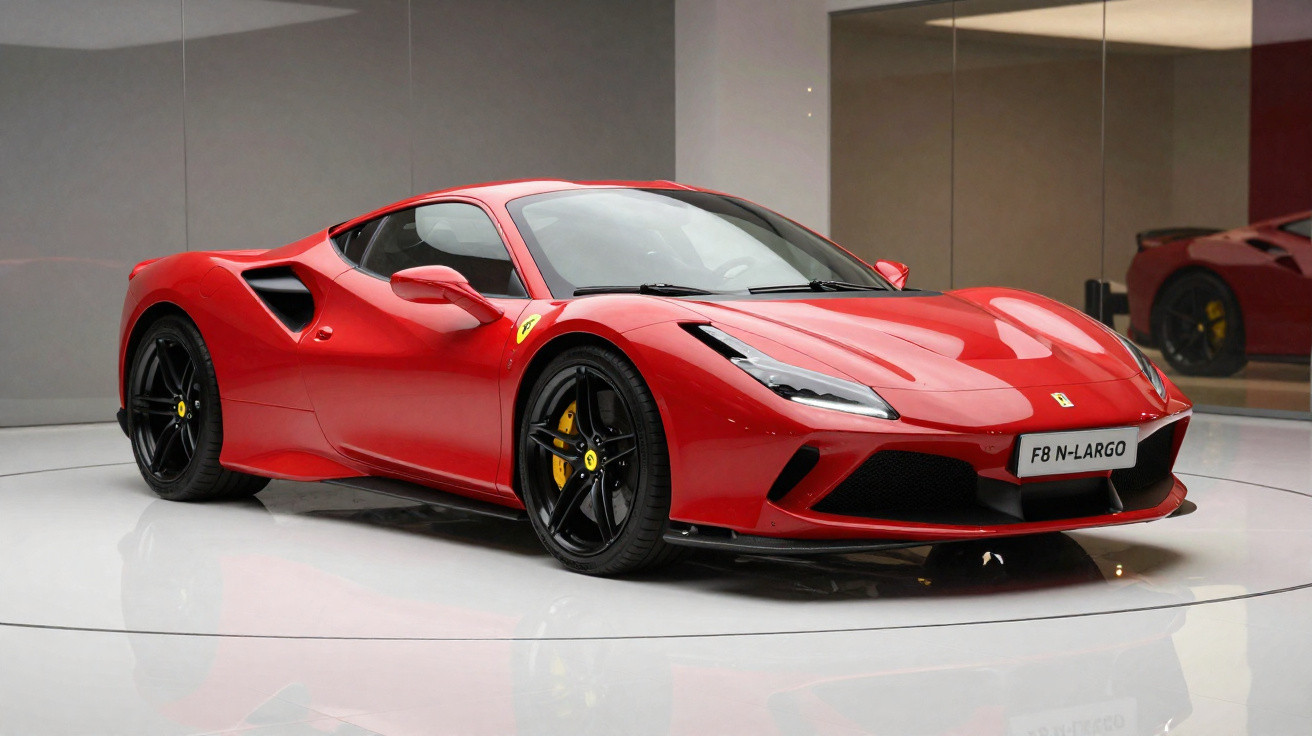 Carro esportivo vermelho Ferrari F8 N-Largo exibido em ambiente interno moderno e iluminado.