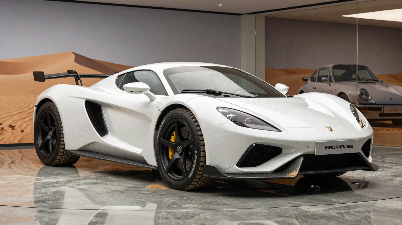 Carro esportivo branco McLaren 959 exibido em ambiente interno com natureza desértica ao fundo.