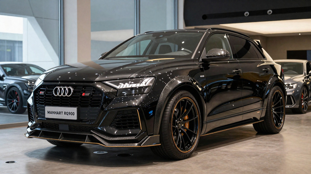 Audi RS Q8 preto exibido em showroom com rodas pretas e detalhes dourados, iluminação interna refletida.