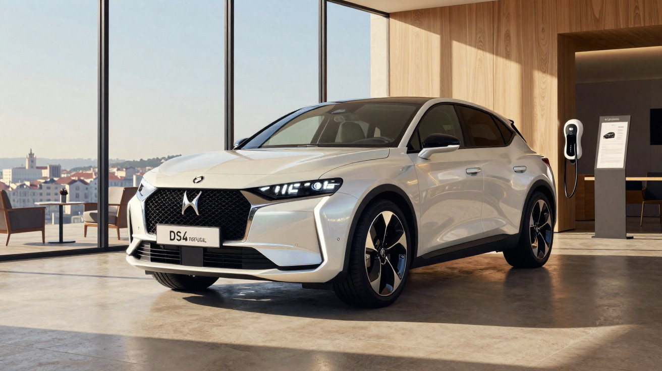 Carro elétrico branco DS 4 estacionado em ambiente interno com parede de madeira e carregador elétrico.