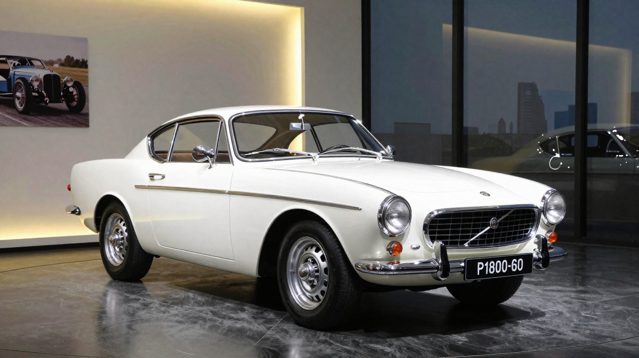 Carro clássico Volvo P1800 branco em exposição, com faróis redondos e placa preta P1800-60.