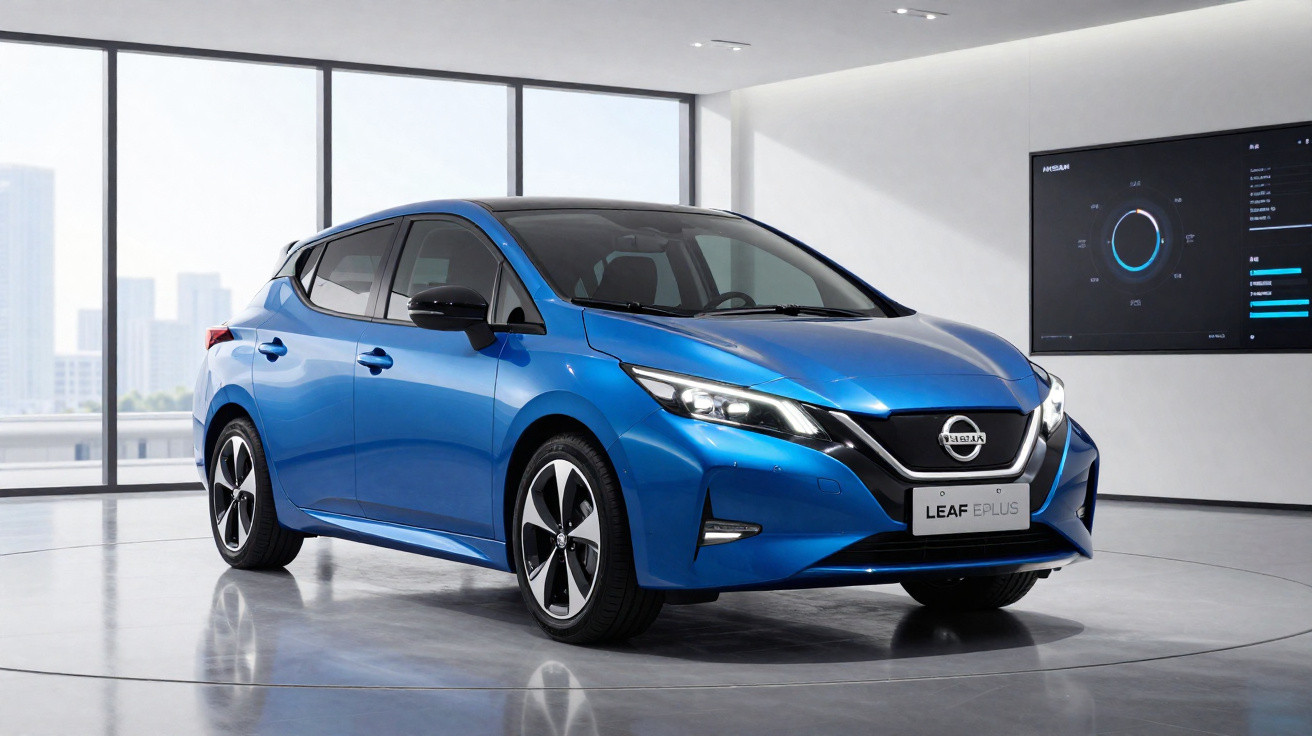 Carro elétrico Nissan Leaf e-Plus azul exibido em showroom moderno com grandes janelas e tela digital na parede.