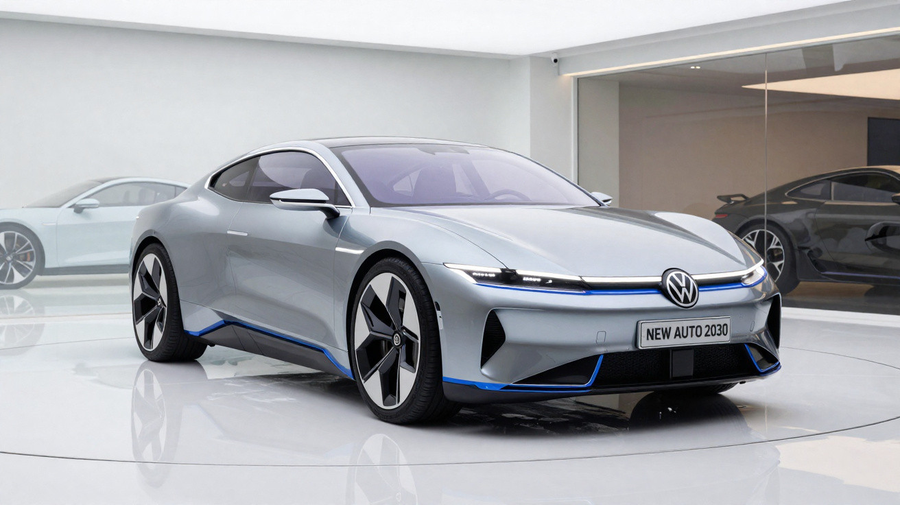 Carro esportivo elétrico prata com detalhes azuis em exposição interna futurista da Volkswagen.
