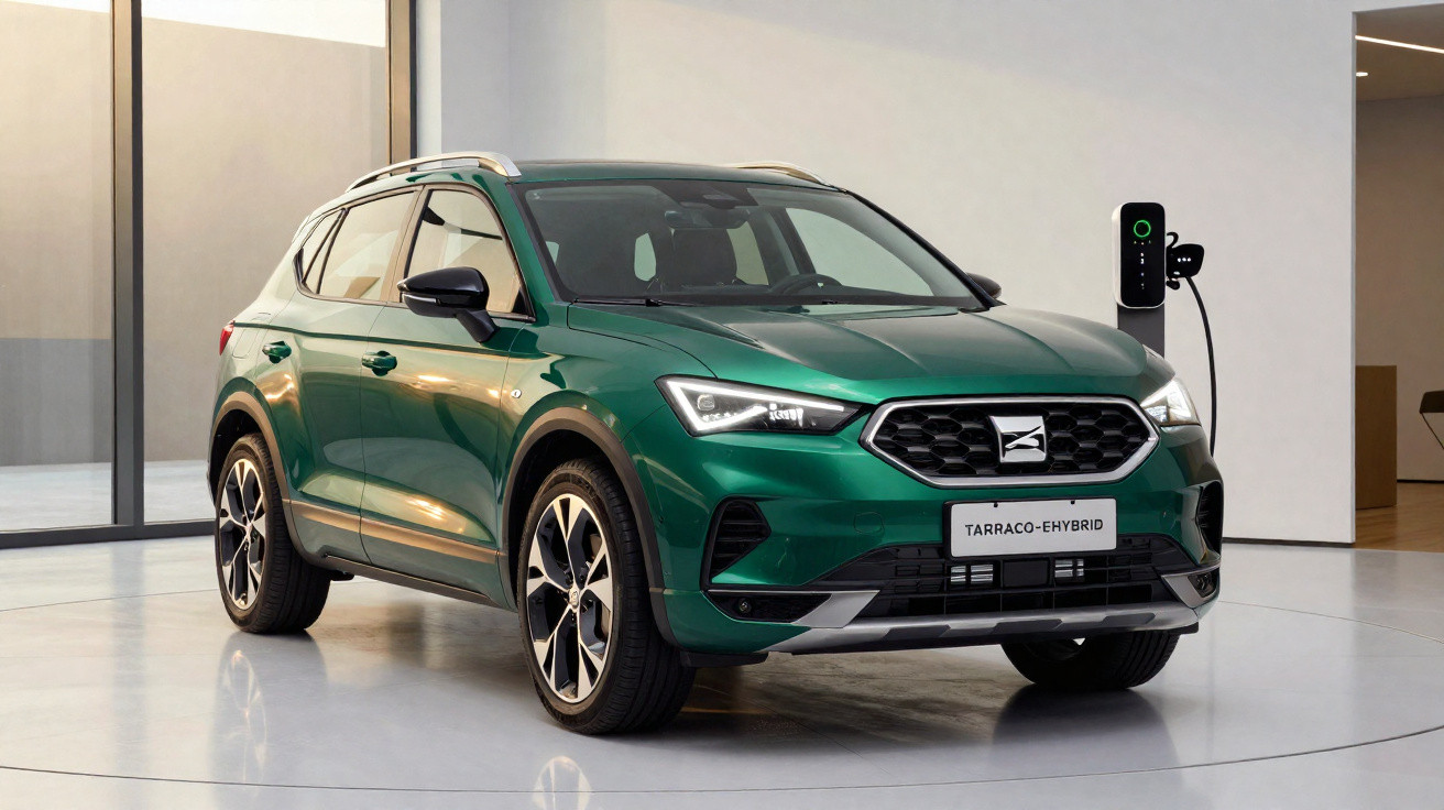 SUV verde elétrico SEAT Tarraco e-Hybrid carregando em estação dentro de garagem moderna.