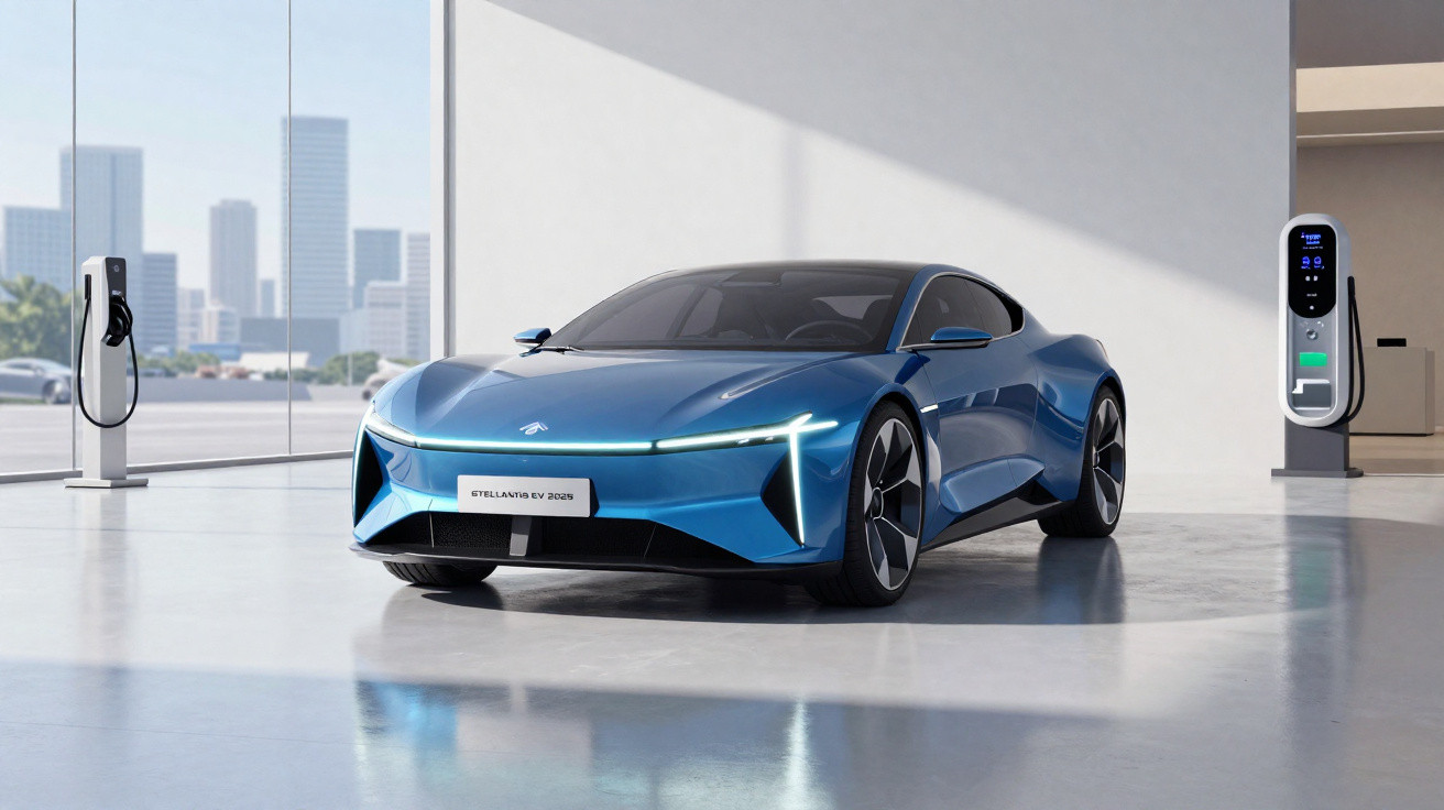 Carro elétrico azul futurista Estelantis EV 2028 em showroom moderno com carregadores elétricos ao fundo.