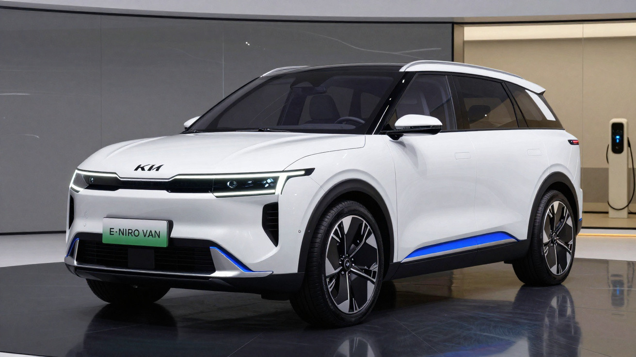 Carro elétrico branco Kia E-Niro Van estacionado em ambiente interno com carregador ao fundo.