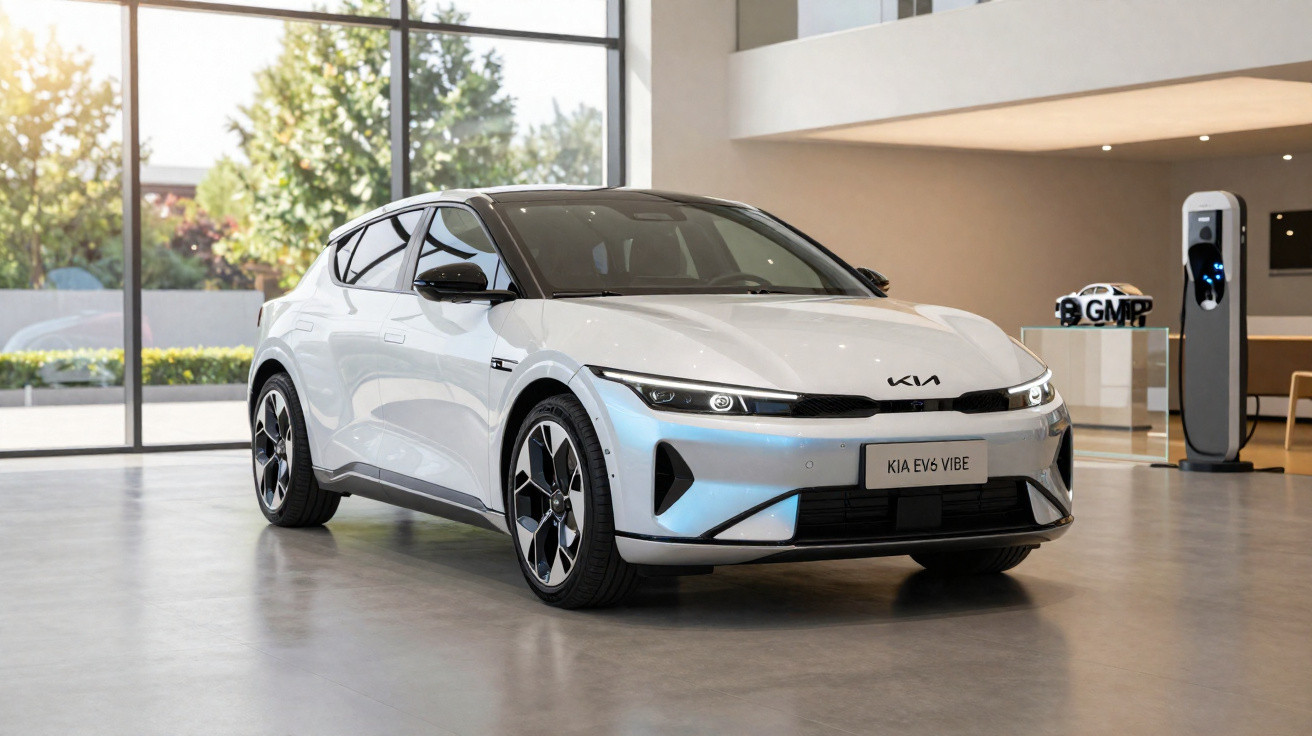 Carro elétrico branco Kia EV6 Vibe em ambiente interno iluminado e carregador elétrico ao fundo.